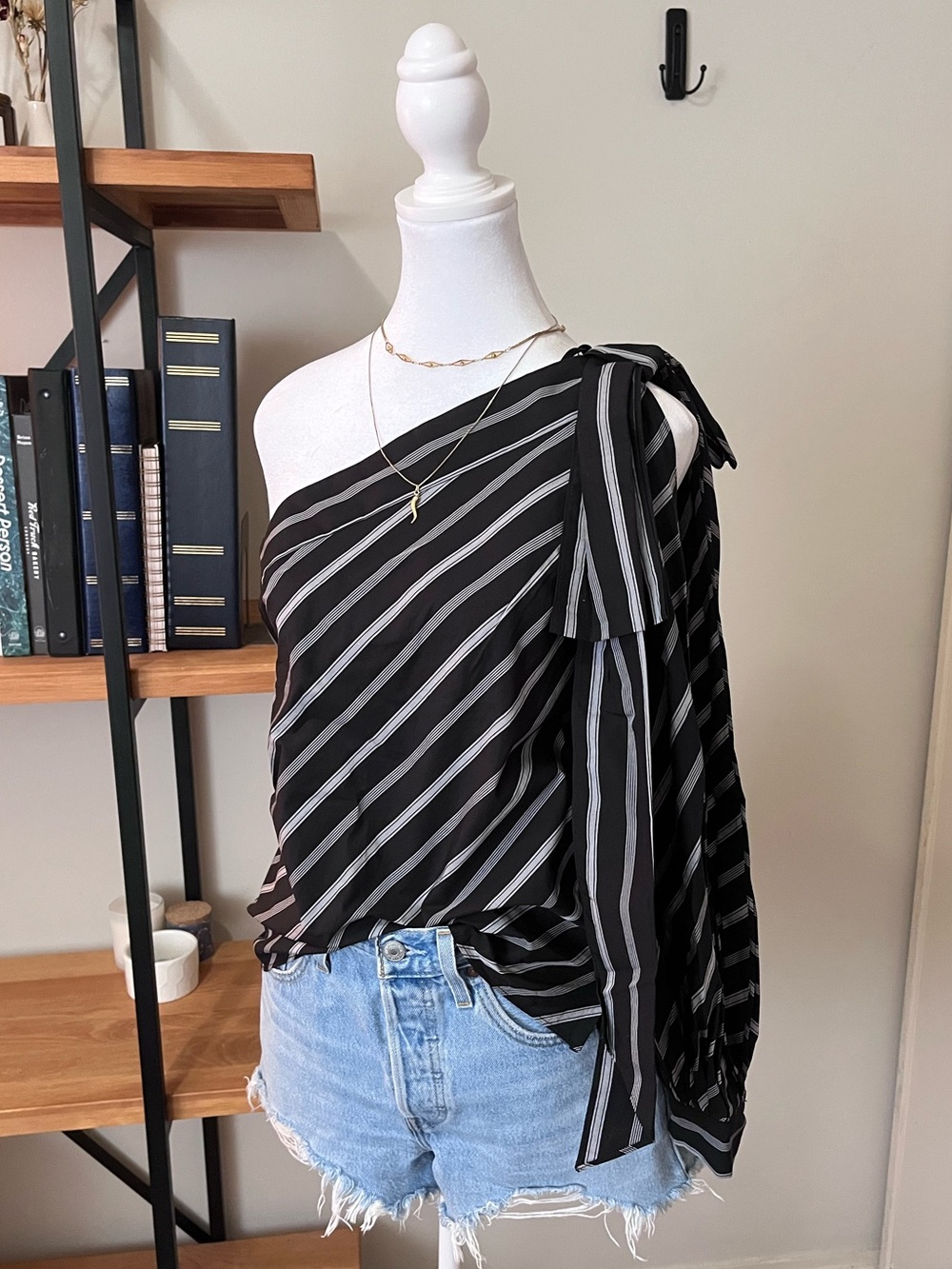 Milly Nina One-shoulder Striped Cotton-poplin Top In Black US 6 $355